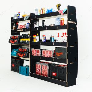 Side angle view of the MAN TGE 2017- MWB Hexaboard Driver Side Van Racking with x2 Toolbox Shelves