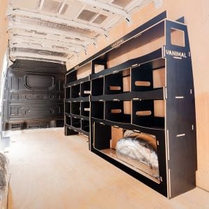 Rear van side angle view of the MAN TGE 2017- Hexaboard Driver Side Ulti-Rack Van Racking