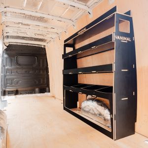 Rear van side angle view of the LWB MAN TGE 2017- Hexaboard Rear Ulti-Rack Van Racking V2