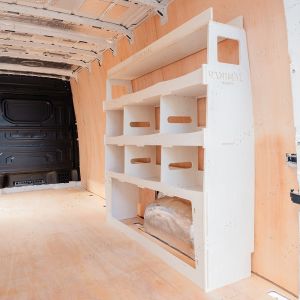 Rear van side angle view of the LWB MAN TGE 2017- Rear Ulti-Rack Van Racking