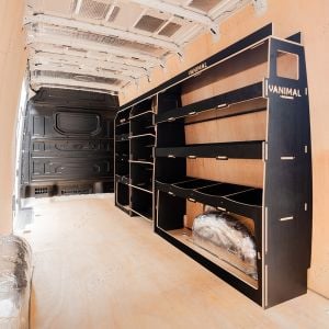 Rear van side angle view of the MAN TGE 2017- Hexaboard Driver Side Ulti-Rack Van Racking V2