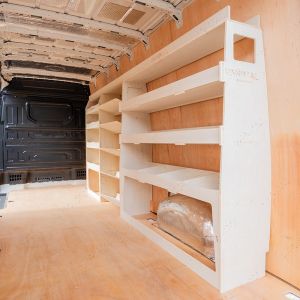 Rear van side angle view of the LWB MAN TGE 2017- Driver Side Ulti-Rack Van Racking V2