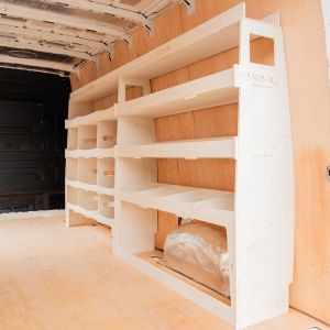 Rear van side angle view of the LWB MAN TGE 2017- Driver Side Ulti-Rack Van Racking V3