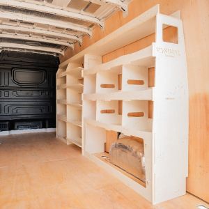 Rear van side angle view of the LWB MAN TGE 2017- Driver Side Ulti-Rack Van Racking V4