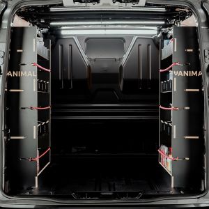 Rear van view of the Vauxhall Vivaro B L1 Hexaboard NS and OS Double Rear Racking (Pair)