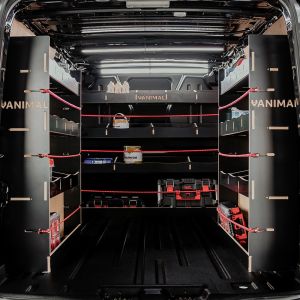 Rear van view of the Nissan NV300 2016- SWB Hexaboard Double Rear and Full-Width Bulkhead Van Racking System