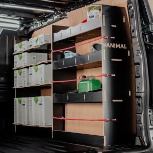 Rear van side angle view of the Nissan NV300 2016- SWB Hexaboard Driver Side Van Racking with x4 Festool Systainer Shelves