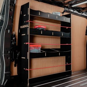 Rear van side angle view of the Nissan NV300 2016- LWB Hexaboard NS Rear Ply Van Racking and Shelving