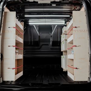 Rear van view of the Nissan NV300 2016- SWB Double Rear and Front Festool Ply Racking (Triple Pack)