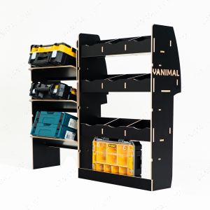 Side angle view of the Peugeot Partner 2018- SWB L1 Full-Length Diver Side Hexaboard Racking with Front Toolbox - displaying toolboxes