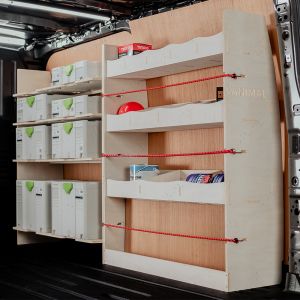 Rear van side angle view of the Nissan Primastar 2001-2014 LWB Full Driver Side Ply Racking with Front Festool Shelving