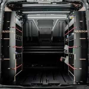 Rear van view of the Toyota Proace 2016- SWB Hexaboard Triple Racking System with x2 Toolbox Shelves
