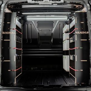 Rear van view of the Toyota Proace 2016- SWB Hexaboard Triple Racking System with x4 Festool Shelves