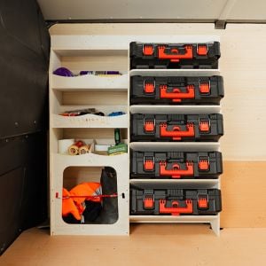 Side van view of the Fiat Talento 2016-2021 Front Ulti-Rack Van Racking V2 displaying Milwaukee equipment, tools and boxes