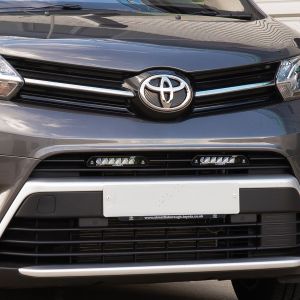 Close-up view of the Lazer Lampz Linear-6 Elite LED Light Bar Bumper Integration Kit fitted on the Toyota Proace (2016-2023) 