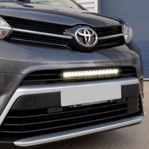 Close-up view of the Lazer Lamps Linear-18 Elite LED Light Bar Bumper Integration Kit fitted on the Toyota Proace (2016-2023)