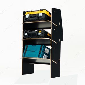 Side angle view of the Toyota Proace City 2018- SWB L1 Front Toolbox Hexaboard Racking - displaying toolboxes