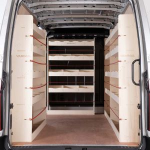 Rear van view of the Nissan NV400 MWB Double Rear, Front and Bulkhead Racking (4-Pack)