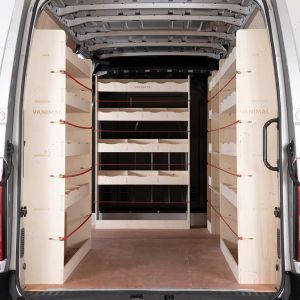 Rear van view of the Nissan NV400 LWB Double Rear, Front Toolbox, Infill and Bulkhead Racking (5 Pack)