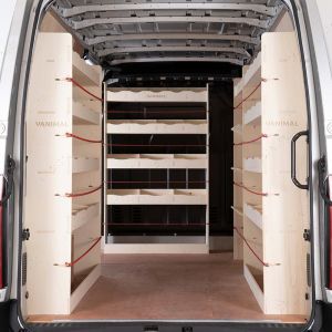 Rear van view of the Nissan NV400 LWB Double Rear, Front Toolbox and Bulkhead Racking (4 Pack)