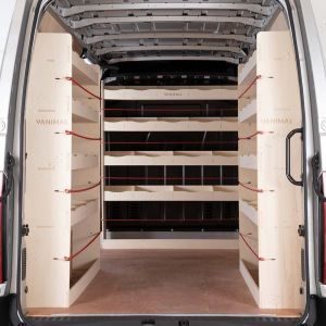 Rear van view of Renault Master 2010-2024 MWB L2 Double Rear and Full-Width Bulkhead Ply Racking (Triple Pack)