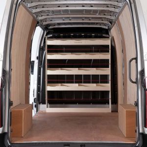 Rear van view of Vauxhall Movano 2010-2021 Full-Width Bulkhead Racking and Shelving Unit