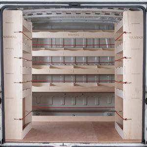 Rear van view of the Citroen Relay 2006- MWB Double Rear Ply Racking and Full-Width Bulkhead Shelving