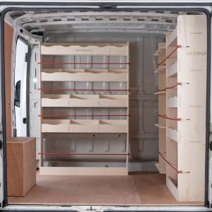 Back van view of Vauxhall Movano L1 2022- Full Driver Side Ply Racking with Front Festool and Bulkhead (Triple Pack)