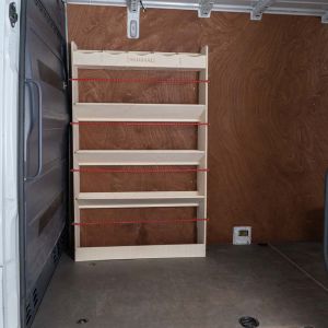 Side van view of Mercedes Sprinter 2006- LWB Front Toolbox Racking with Angled Shelves