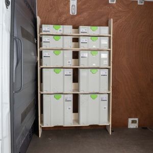 Side van view of Mercedes Sprinter 2006- Front Festool Systainer Shelving Unit - boxes displayed on Festool

