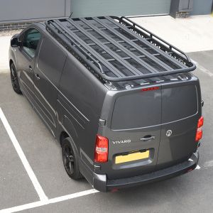 Top angle view of the Vauxhall Vivaro B 2014-2019 LWB Black Roof Rack