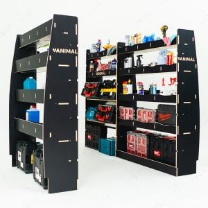 Rear van view of Mercedes Sprinter 2006- MWB Hexaboard Triple Van Racking System with x2 Toolbox Shelves