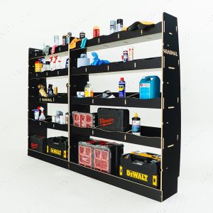 Side van view of the Mercedes Sprinter 2006- MWB Hexaboard XL Driver Side Ply Racking and Shelving
