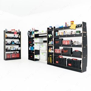 Rear van side angle view of the Renault Master 2025+ L3 Hexaboard Full Driver Side, Festool and Bulkhead Racking displayed with toolboxes and equipment 