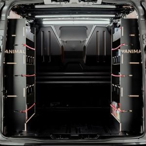Rear van view of the VW Transporter T6 T6.1 SWB Hexaboard NS and OS Rear Racking System (Pair)