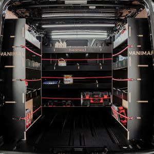 Rear van view of the VW Transporter T6 T6.1 SWB Hexaboard Double Rear and Full-Width Bulkhead Racking