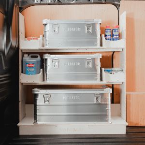 Side van view of the VW Transporter T7 Front Predator Storage Box (x3) Ply Racking System
