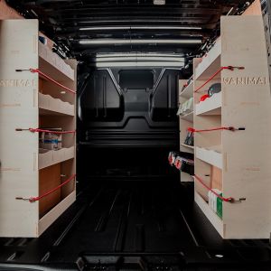 Rear van view of the VW Transporter T7 SWB Triple Van Racking System with x4 Toolbox Shelves