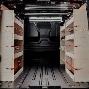 Rear van view of the VW Transporter T7 LWB Triple Van Racking Pack inc x3 Toolbox Shelves
