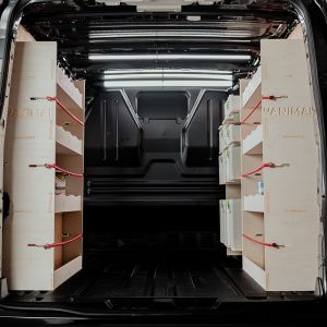 Rear van view of the VW Transporter T7 LWB Triple Van Racking Pack inc x4 Systainer Shelves