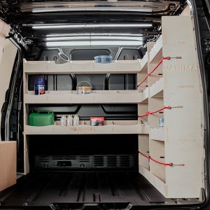 Rear van view of the VW Transporter T7 LWB OS Rear Van Racking and Bulkhead/Corner/Front RH L-Rack