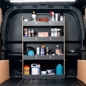 Rear van view of the Ford Transit Custom 2024- Crew Cab Bulkhead V2 Van Racking Hexaboard displayed with tools and equipment 