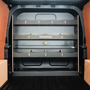 Rear van close-up view of the Ford Transit Custom 2024- LWB Crew Cab Bulkhead Hexaboard Van Racking