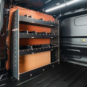 Rear van side angle view of the Transit Custom 2024- LWB Crew Cab NS Adjustable Hexaboard Van Racking