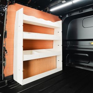 Rear van side angle view of the Ford Transit Custom 2024- LWB Crew Cab NS Van Racking