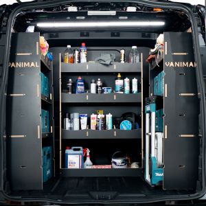Rear van view of the VW Transporter T7 Kombi LWB Twin MakPac and Bulkhead V2 Hexaboard Van Racking displayed with tools and makita toolboxes