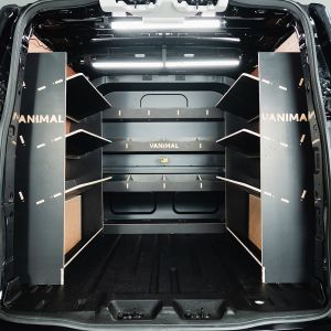 Rear van view of the VW Transporter T7 Kombi LWB 2x Rear Toolbox and Bulkhead Hexaboard Van Shelving