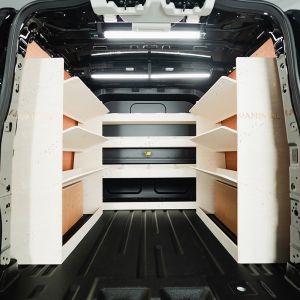 Rear van view of the Ford Transit Custom L2 2024- Crew Cab Rear Pair and Bulkhead Toolbox Van Shelving
