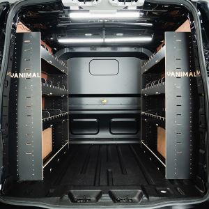 Rear van view of the Ford Transit Custom 2024- LWB Crew Cab Adjustable Double Hexaboard Van Racking