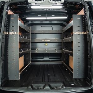 Rear van view of the Ford Transit Custom 2024- LWB Crew Cab 2 Adjustable & Bulkhead Hexaboard Racking